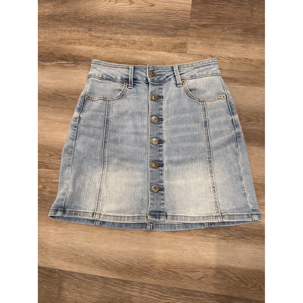 American Eagle Super Stretch Button Front Denim Mini Skirt Light Wash Blue 00
